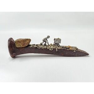 Miniature Gold Rush Mining Scene W/Pyrite‎ On Railroad Iron Spike Tie Western